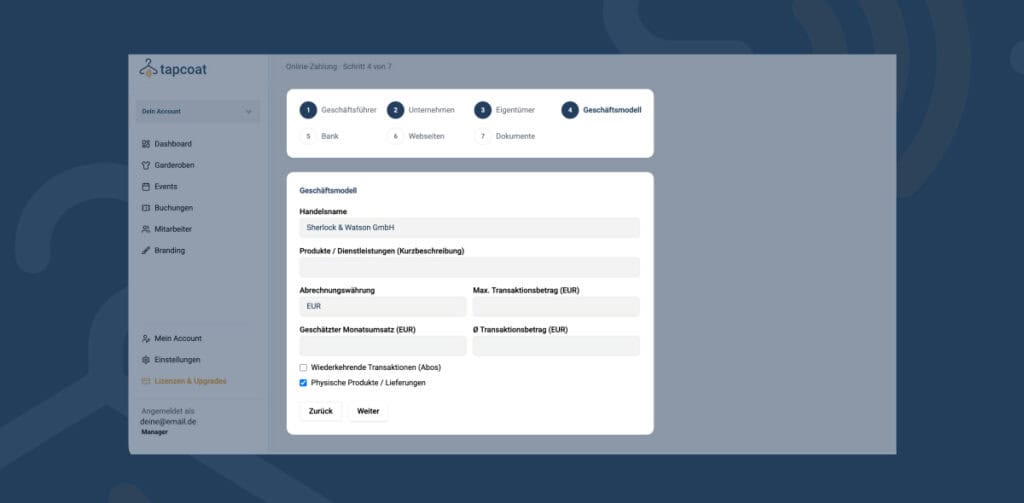 Zahlungsverifizierung (KYC) 2 Tapcoat-Digitales Garderobensystem KYC Abrechnungsdaten angeben