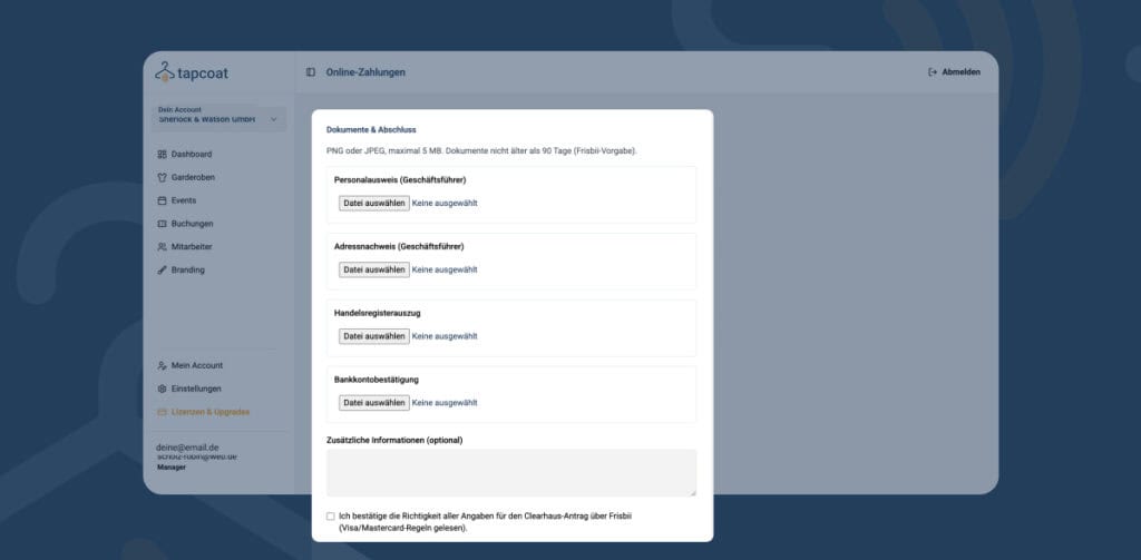 Zahlungsverifizierung (KYC) 3 Tapcoat-Digitales Garderobensystem Firmen- und Ausweisdokumente für KYC Antrag im Tapcoat Dashboard einreichen