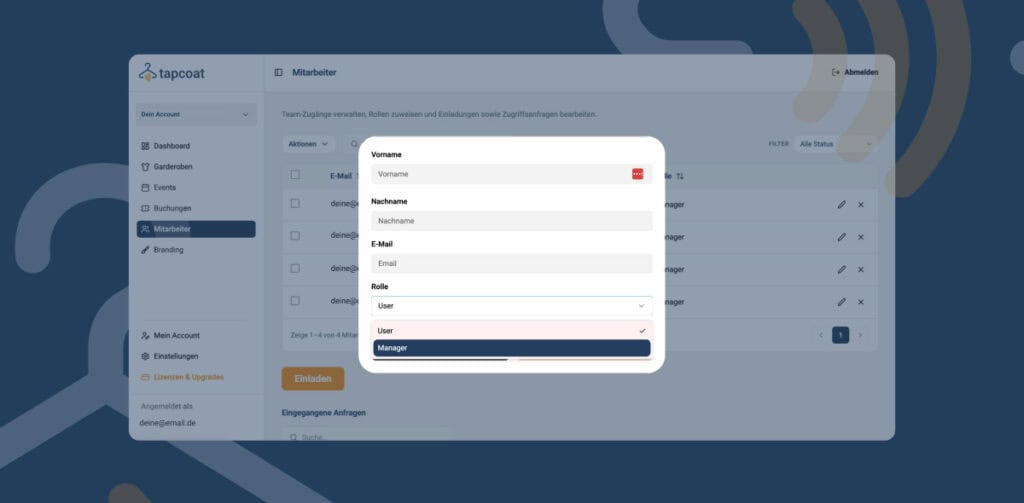Mitarbeiter einladen 2 Tapcoat-Digitales Garderobensystem Mitarbeiterdaten im Dashboard ausfüllen und Rolle vergeben