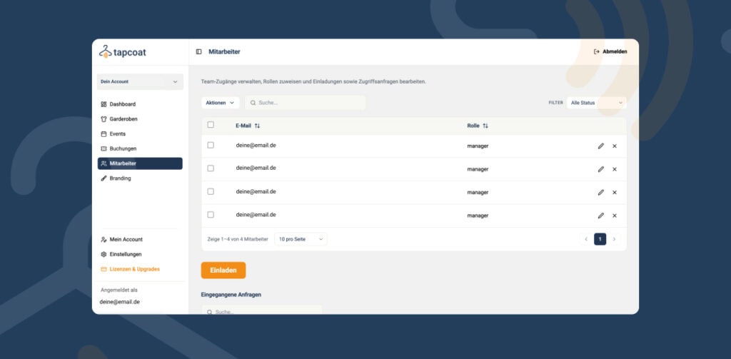 Mitarbeiter einladen 1 Tapcoat-Digitales Garderobensystem Mitarbeiter zu Tapcoat hinzufügen im Admin Dashboard