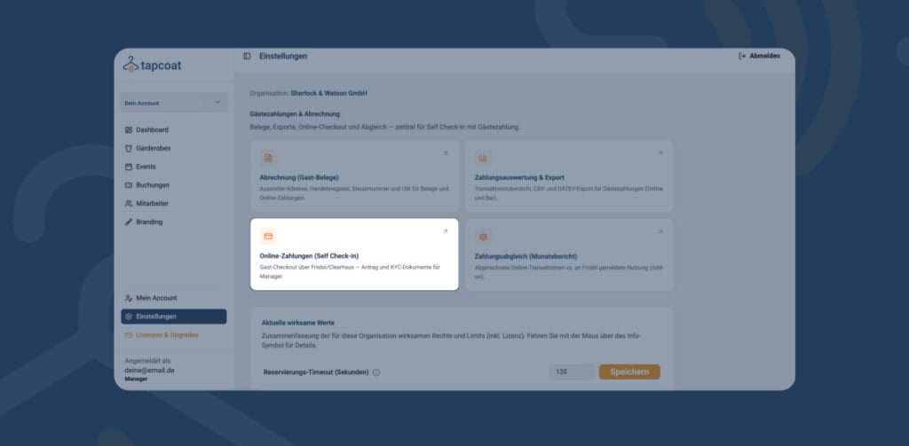 Zahlungsverifizierung (KYC) 1 Tapcoat-Digitales Garderobensystem Online-Zahlung mit KYC Antrag aktivieren