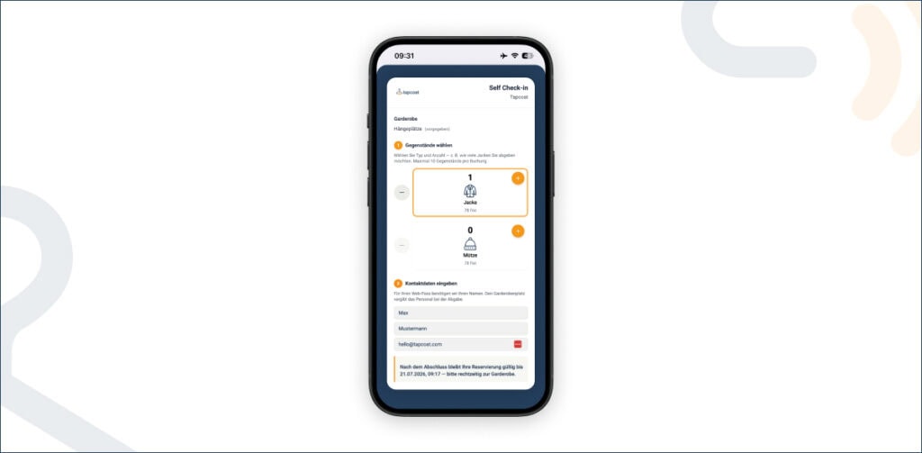 Self Check-in: schneller durch die Event-Garderobe 2 Tapcoat-Digitales Garderobensystem tapcoat-self-check-in-formular-b2c