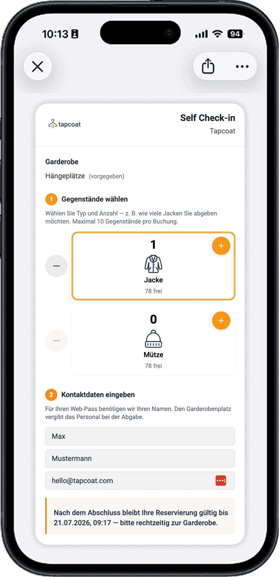 Self Check-in Funktion auf einem Iphone